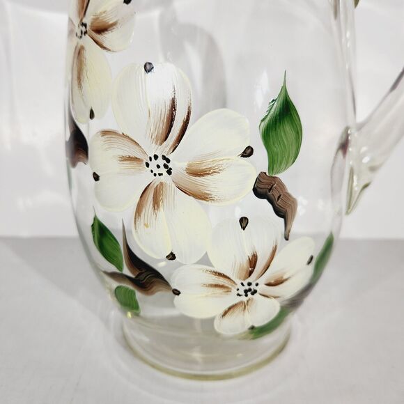 Vtg Art Glass Pitcher Hand Painted Floral Flowers White Brown MCM 9in - Picture 8 of 12